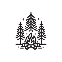 Obraz premium Cozy campfire surrounded by tall pine trees in a forest setting