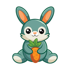Obraz premium Cute white Easter bunny with a carrot, a fun cartoon illustration of a happy spring animal character