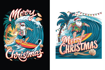 Obraz premium Santa surfing tropical wave Santa Claus surfboard