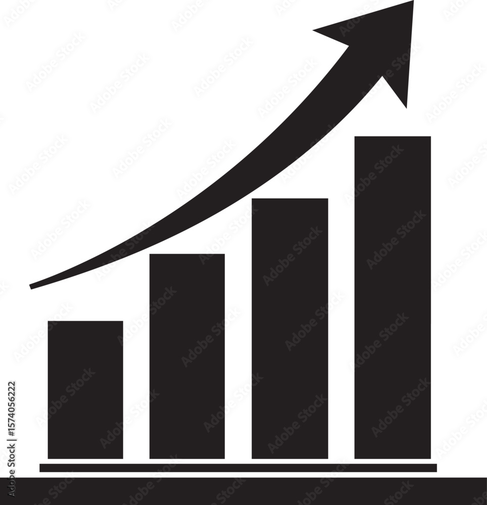 Poster black bar graph with upward trending arrow isolated on transparent background