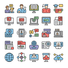 Thirty Colorful Line Icons Illustrating Diverse Online Activities Including Elearning Teaching Email Communication Networking and Data Analysis Each Icon Features a Unique Flat