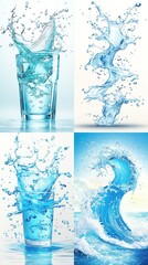 Splashes of water in glass and abstract shapes, plus a rolling blue wave