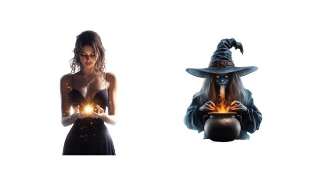 Enchantress holding glowing orb and witch stirring cauldron with magic in dark attire