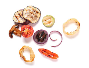 Different tasty grilled vegetables on white background