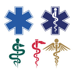 Obraz premium Medical symbols vector pack, international icons like staff of Asclepius, caduceus and snake bowl