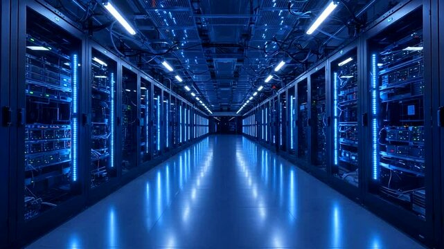 Rows of servers in data center, glowing blue lights and reflection