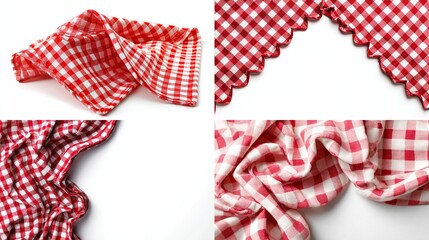 Red and white checkered fabric in various folds and arrangements against white background