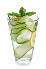 Glass of lemonade with cucumber and mint on white background
