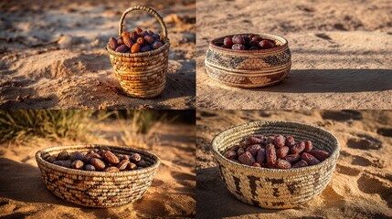 Dates in Woven Baskets displayed on sand, showcasing harvest