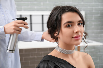 Professional hairdresser applying hair spray on young woman's hair in beauty salon