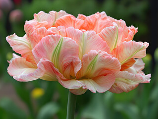 Vibrant, peach colored double tulip in full bloom displays its ruffled petals against blurred green background, evoking sense of springtime beauty and elegance