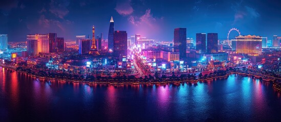 Vibrant Las Vegas skyline illuminated with neon lights at night reflecting on water