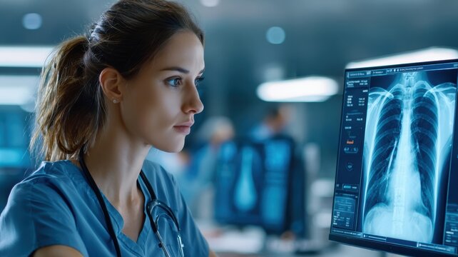 medical ai treatment analytics. Focused healthcare professional analyzing medical data on a computer screen.