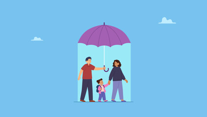 A husband with umbrella covering protection wife and daughter. Life insurance, family protection to assure members will be financially supported and risk cover concept, lovely family with husband.