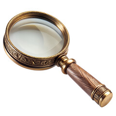 Antique brass magnifying glass with ornate handle isolated on transparent background