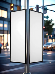 Split-Screen Blank Billboard at Urban Intersection – Dual Vertical Panels on Metallic Pole with Blurred City Background and Soft Evening Light in Photorealistic Portrait Frame