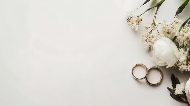 A top-down view showing wedding rings and delicate white flowers, perfect for backgrounds emphasizing love and commitment in matrimonial settings.
