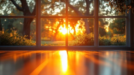 View of a sunset through a window with a wooden floor