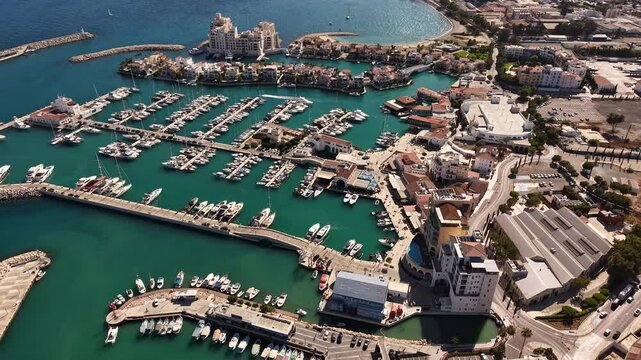 Aerial video of Limassol city coastline in Cyprus Island during summer