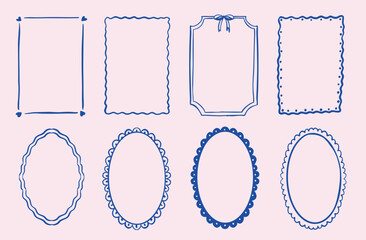 Hand-Drawn Wavy Squiggle Borders and Frames set in oval and rectangle shape. Whimsical quirky Minimal line template perfect for vintage theme wedding invitation, birthday, menu card design.
