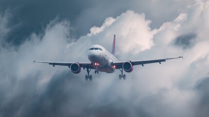 Fototapeta premium A commercial airliner descending through thick clouds, preparing to land at an international airport