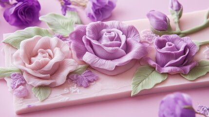 Fototapeta premium Pastel colored floral decoration with roses and petals on light pink background. It can be used for cards, invitations, or floral and romantic designs.