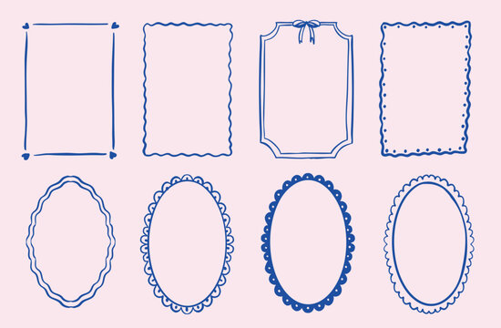 Hand-Drawn Wavy Squiggle Borders and Frames set in oval and rectangle shape. Whimsical quirky Minimal line template perfect for vintage theme wedding invitation, birthday, menu card design.