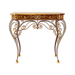 Elegant antique furniture, featuring a carved wooden table, chair, and ornate gold-framed mirror, decorates a vintage interior