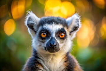 Obraz premium Ring Tailed Lemur Portrait with Striking Orange Eyes and Bokeh Background