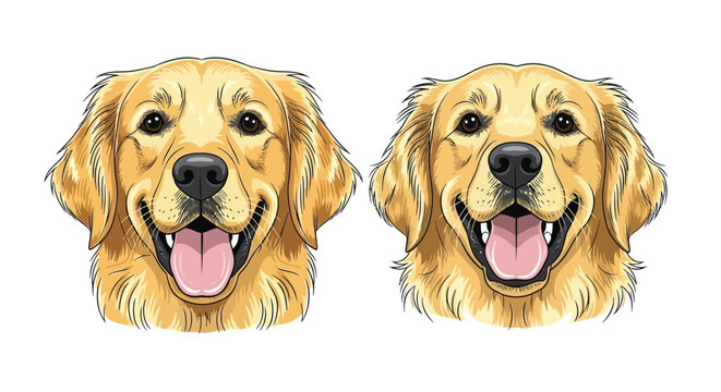 The illustration shows two golden retriever dogs with happy expressions face on