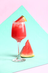 Glass of tasty watermelon fresh on color background