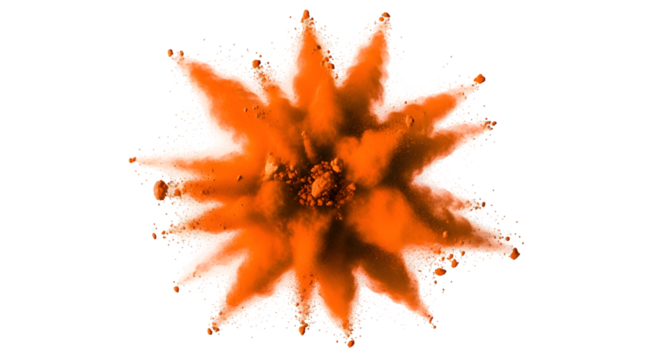 Orange Powder Explodes, Creating a Starburst on Transparent Background