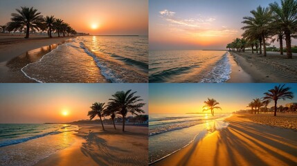 Sunrise over beach and palm trees, water reflecting light in coastal landscape