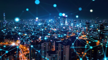 Interconnected cityscape glowing with digital network nodes for smart technologies