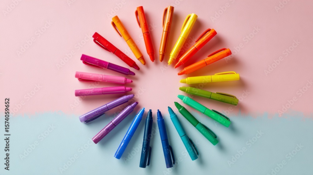 Poster a creative flat lay of multicolored pens arranged in a circular pattern on a pastel background