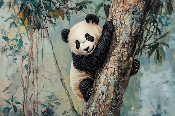 Obraz premium panda cub with tree log