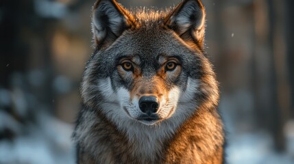 Fototapeta premium Mesmerizing portrait of a gray wolf with intense gaze in winter wilderness