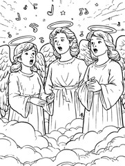 Obraz premium Three Singing Angels in Musical Harmony in a Cloudy Sky Scene