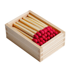 Wooden box filled with red tipped matches isolated on transparent background