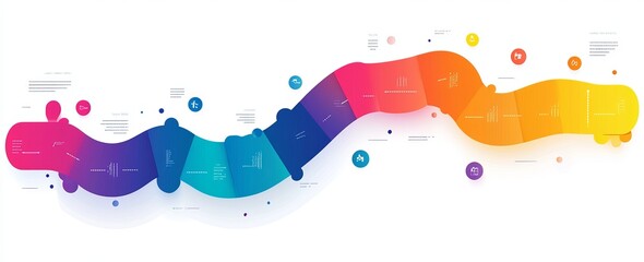 Colorful, wavy infographic showcasing a process or timeline, segmented into various stages with icons and text