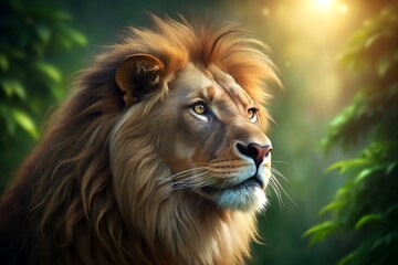 Fototapeta premium Majestic Lion Portrait with Golden Mane and Intense Gaze in Natural Light