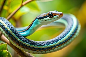 Obraz premium Elegant Painted Bronzeback Snake Coiled on a Branch with Vivid Green Background