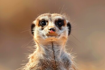 Fototapeta premium Close up portrait of a meerkat staring with curiosity in the warm sunlight of the kalahari desert