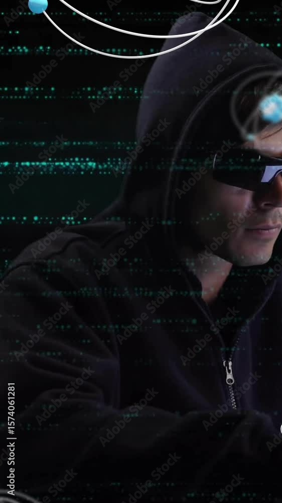 Poster animation of atom structures over male hacker using laptop to hack system