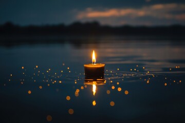 A single candle flame burning brightly on water surface at night with reflections and soft bokeh lights