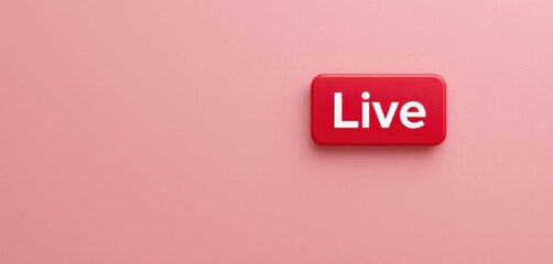 A bright red rectangular button prominently displaying the word "Live" in white text is positioned on a soft pink background, representing live broadcasts, streaming events, and real-time content.