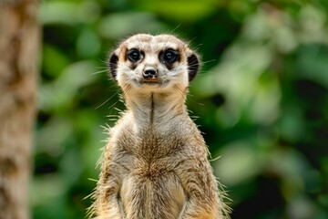 Fototapeta premium Meerkat stands alert, its dark eyes focused, embodying vigilance and curiosity in a natural green setting