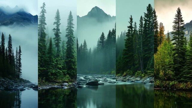 A moving abstract collage of forest, river, and mountain landscapes, a surreal nature concept.