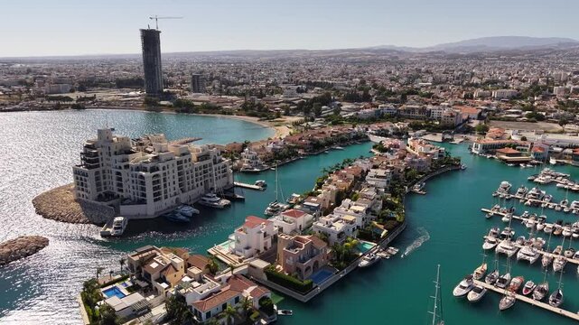 Aerial video of Limassol city coastline in Cyprus Island during summer