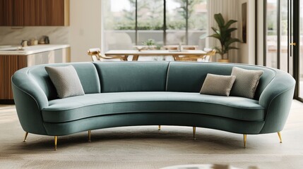 Mid-Century Modern Teal Velvet Curved Sofa with Gold Legs in Bright Living Room, styled in a cozy, light-filled living room. Perfect for interior design, furniture catalogs, and home decor themes.